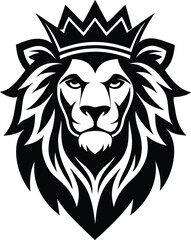 Fototapeta premium Vector art of regal lion wearing a crown, depicted with a detailed mane in a strong black and white graphic style, isolated on a, representing leadership