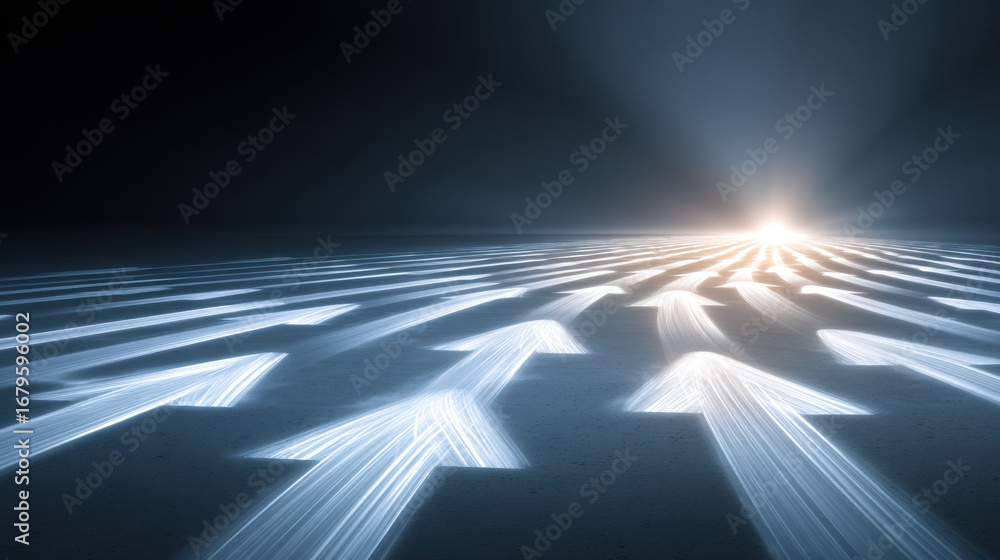 Poster mesmerizing scene featuring glowing arrows leading towards bright light in distance, symbolizing dir