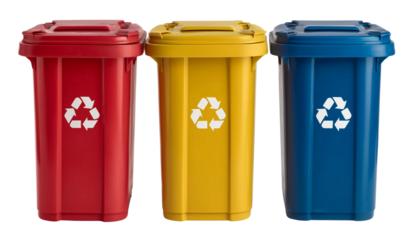three red, yellow, and blue-colored trash cans with a white recycling symbol on the side, isolated on a clear background.