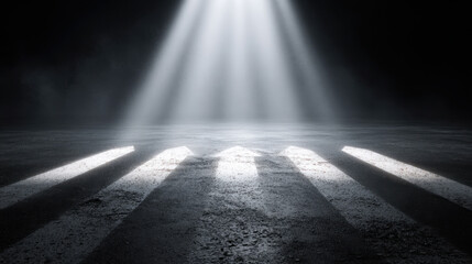 Mysterious light beams illuminate dark, empty road with painted arrows guiding way. atmosphere evokes sense of intrigue and anticipation, inviting exploration