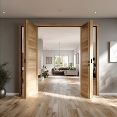 Photorealistic shot of an open wooden double door leading to the living room with a happy family sitting on a sofa in the background a wooden floor white wall