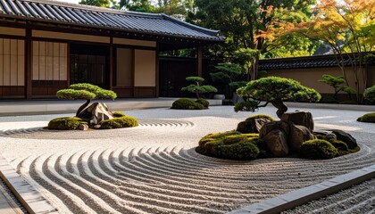 Obraz premium Tranquil Japanese Zen Garden Featuring Raked Gravel and Bonsai Trees