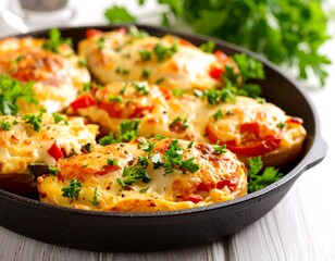 Baked potato halves filled with cheese, tomato, and herbs, in a cast iron skillet
