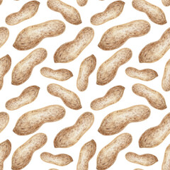 Peanuts in shell, watercolor seamless pattern on white background. Hand drawn illustration of nuts.