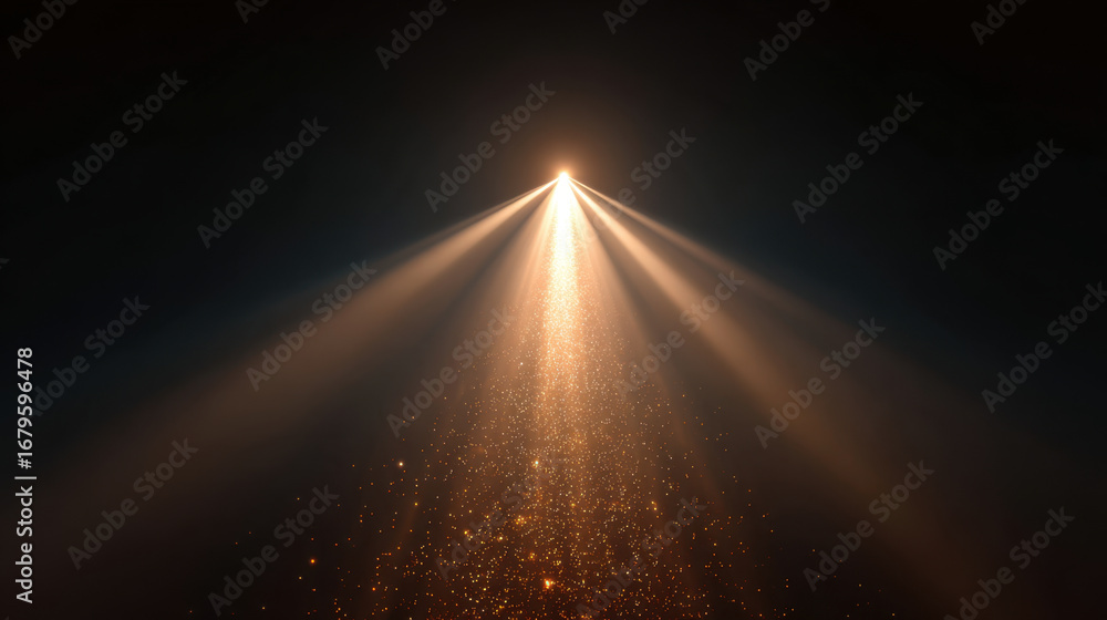 Poster stunning display of light beams radiating from central point, creating mesmerizing effect with parti