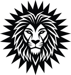 Obraz premium Vector art of stylized lions head with a spiky, starburst mane, conveying energy, dynamism, and a fierce spirit, presented in a striking black and white graphic
