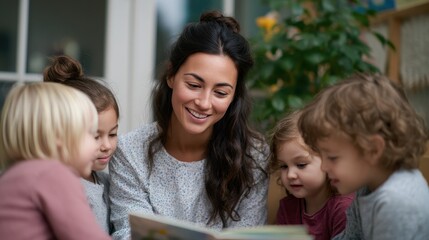 Teacher reading aloud to a small group of diverse kids