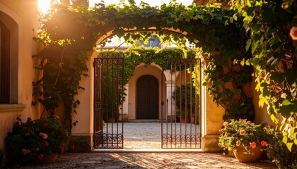 Fototapeta premium Charming Garden Gate Framed by Lush Green Vines and Flowers