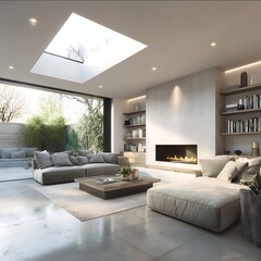 Minimalist living room with polished concrete floor flat roof with threepart modular rooflight modern British interior styling neutral tones highend finish.jp