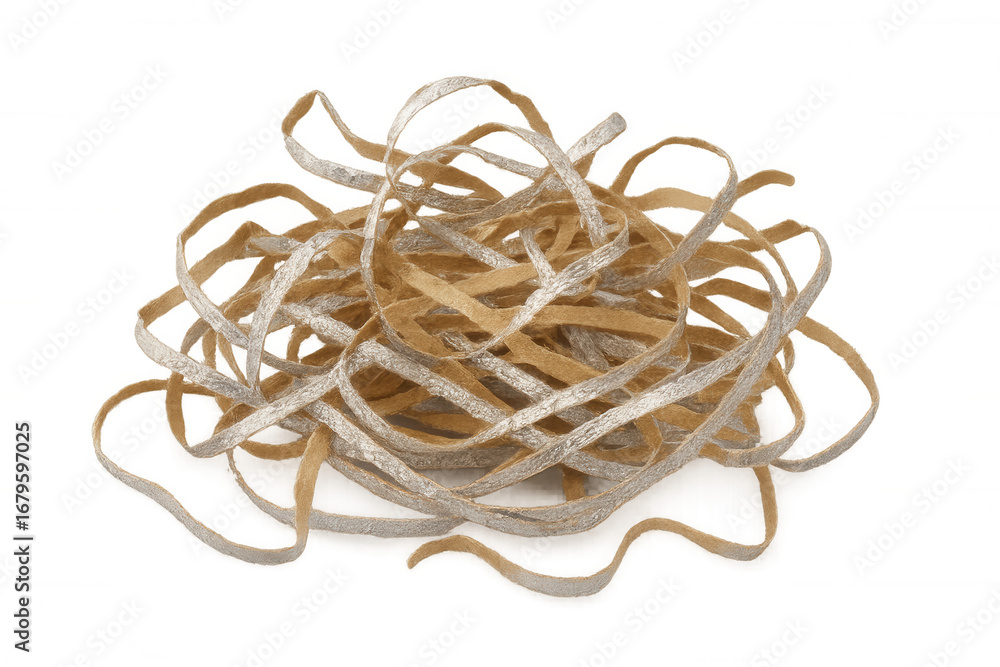 Poster curling golden and silver shredded paper creating an abstract design, isolated on transparent backgr