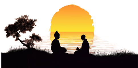 ilhouette of a buddha and a monk meditating together on the shore with a sunset, vector illustration isolated on a white background