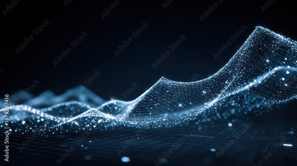 Poster digital wave representation with glowing particles creates mesmerizing visual effect, showcasing bea