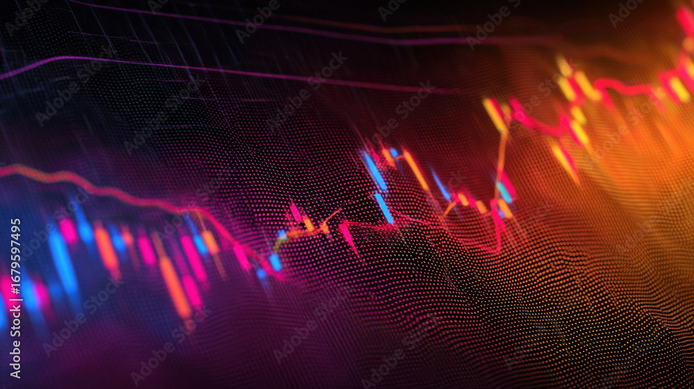 Poster dynamic stock market graph with vibrant colors and abstract lines representing financial trends and 