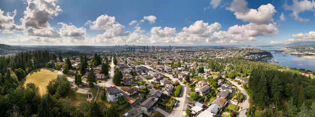 Panoramic Aerial View Over Burnaby and Greater Vancouver in BC, Canada