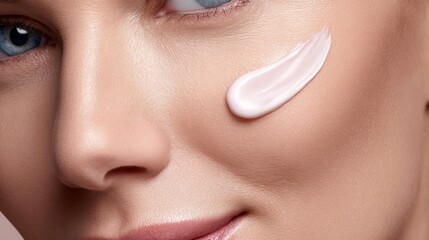 Woman applying skincare cream on her face in a bright, well-lit indoor setting during the day time