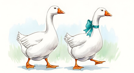 Two watercolor geese walking together &mdash; charming pair of white geese with subtle green wash background and soft shadowing, playful pastoral illustration suitable for children&rsquo;s decor