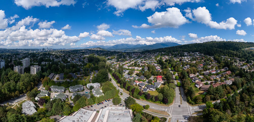 Aerial View of Burnaby Residential Area with Mountain and Urban Landscape
