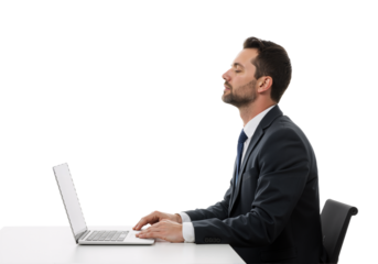 Calm Businessman Taking a Mindful Break, Meditating with Eyes Closed at His Laptop for Stress Relief and Enhanced Focus During Work