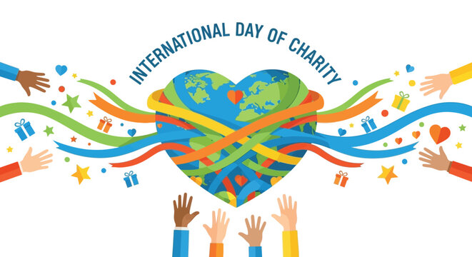 Diverse people unite around a colorful world heart symbol spreading waves of connection and harmony