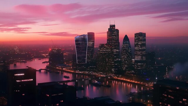 View of Canary Wharf skyline at dusk 