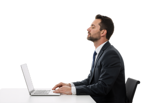 Calm Businessman Taking a Mindful Break, Meditating with Eyes Closed at His Laptop for Stress Relief and Enhanced Focus During Work - Powered by Adobe