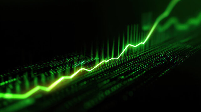 Vibrant green line graph represents financial growth and data analysis, showcasing upward trend against dark background. visual conveys sense of progress and success in business
