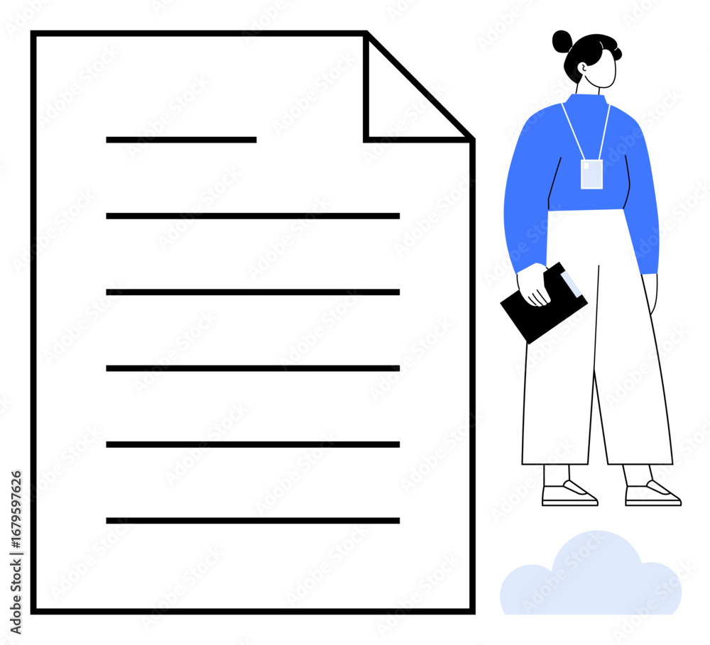 Poster large document with lines representing text, accompanied by a standing woman with a name badge and c