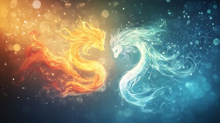 Two intertwined zodiac symbols, Leo and Aquarius, in a glowing ethereal light, representing their dynamic compatibility in love and friendship. 