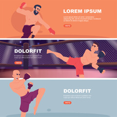 Martial arts fighters. aggressive sport characters male in action poses leg and fist punch. vector banners