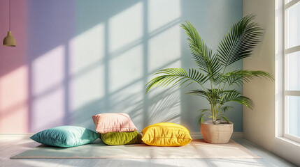 Obraz premium Sunlit pastel room with cushions. Cozy modern interior design. Perfect for lifestyle, home decor, and relaxation concepts.
