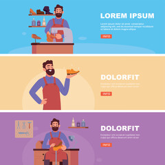 Shoemaker. banners with working character in shoemaker workshop. vector print design templates