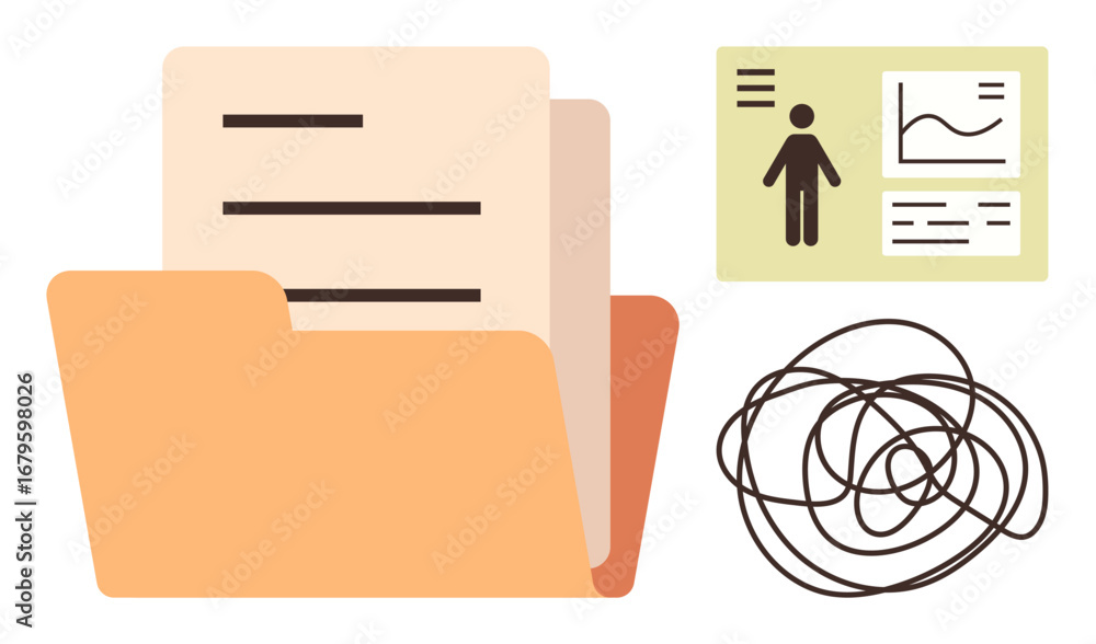 Poster folder holding documents, a data chart with graphs and person icon, and tangled lines visualizing co
