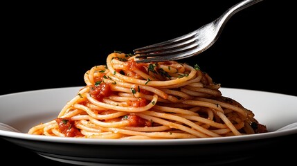 Delicious spaghetti twirling on a fork from a plate