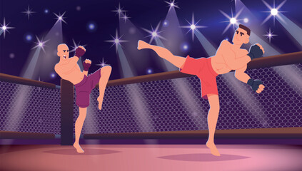 Fighters. Martial arts fighting on sport arena exact vector cartoon background with mma fighters