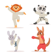 Martial arts animals. Dynamic action poses of different cute animal fighters in special sport uniform exact vector template set
