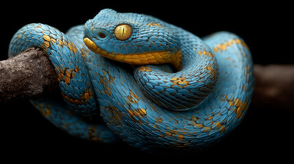 Fototapeta premium A colorful blue pit viber snake coiled elegantly on a branch with yellow eye , set dramatically against a black background. 