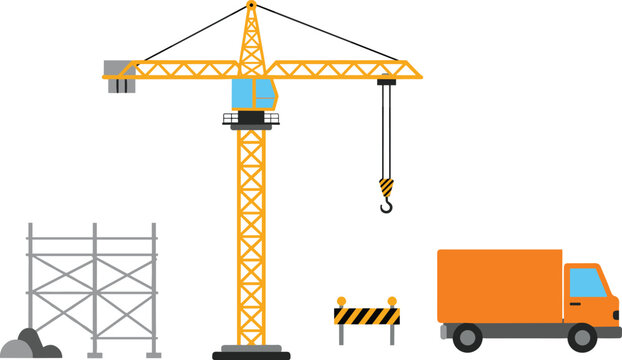 Construction site vector illustration with tower crane, scaffolding, truck, barrier, and building equipment, flat design engineering and architecture machinery concept