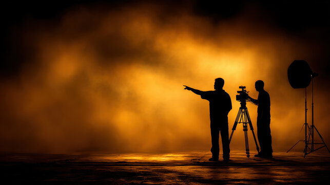 Silhouettes of two photographers working in dramatic setting with fog and warm lighting. One points while other adjusts camera, creating captivating atmosphere of creativity and collaboration
