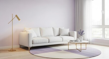White sofa with gold floor lamp and lavender bouquet on round rug in pastel room couch interior