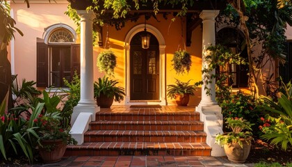 Charming Entrance With Lush Greenery And Warm Lighting At Dusk