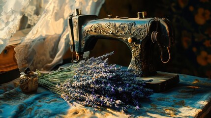 Vintage Sewing Machine with Lavender Bouquet on Rustic Table