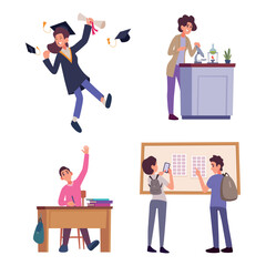 Students. Smart characters in university exact vector template illustrations of male and female students in different poses