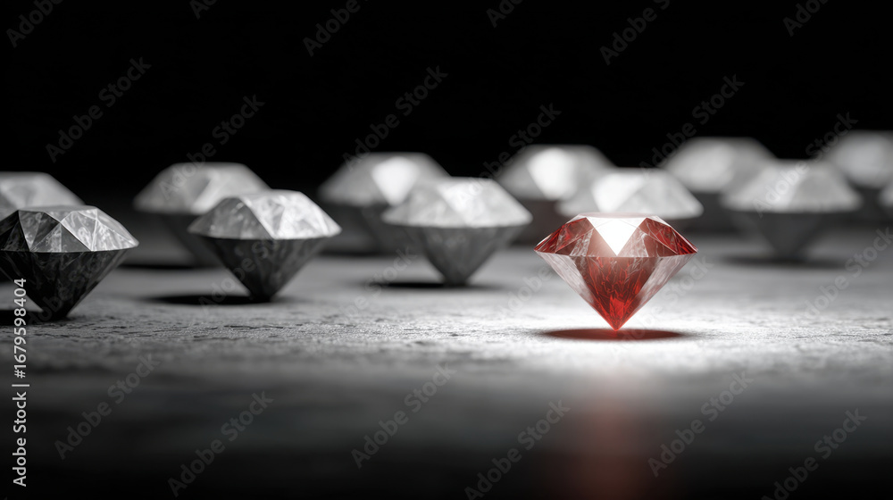 Poster striking image featuring single red diamond surrounded by several gray diamonds, creating captivatin