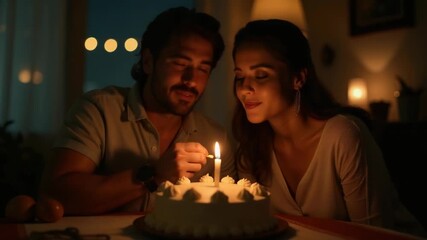 A couple enjoying a romantic moment gazing at a lit candle on a birthday cake, a symbol of celebration and joy