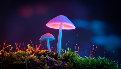 Fototapeta premium Two glowing mushrooms in vibrant pink and blue light on moss