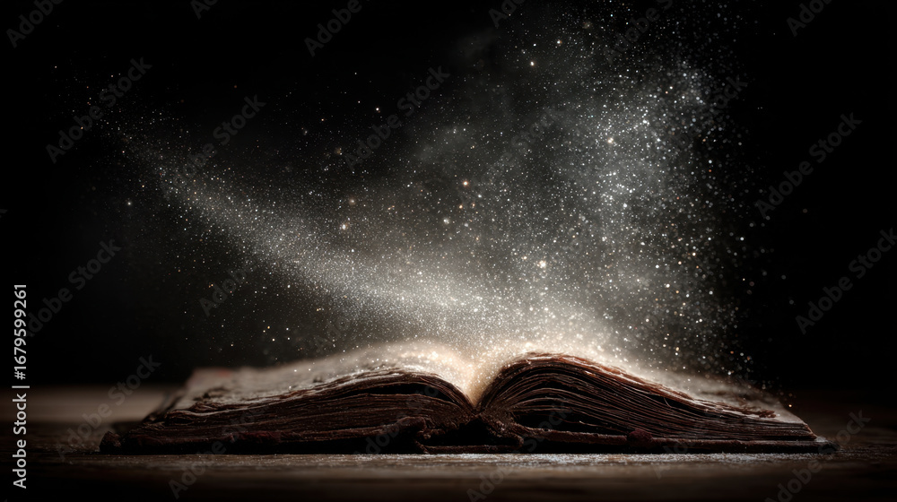 Poster mystical book opens, releasing cloud of shimmering dust and sparkles into air, creating enchanting a