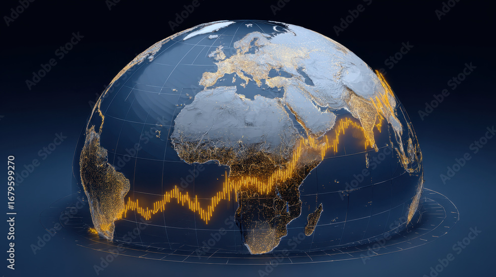 Aufkleber 3d globe illustration showcasing detailed map of earth with highlighted continents and dynamic graph