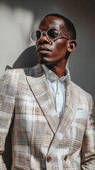 Obraz premium Stylish man poses confidently in modern plaid suit with sunglasses in urban setting during daytime