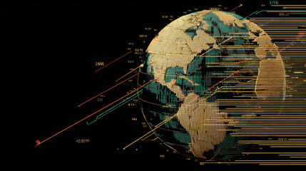 Digital globe with data visualization, showcasing global statistics and trends. design features mix of earthy tones and vibrant colors, creating modern and dynamic representation of Earth