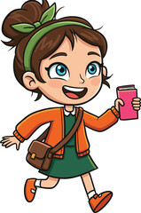 Cute cartoon schoolgirl walking happily, holding book in hand, smiling student character illustration, education concept design for children learning resources